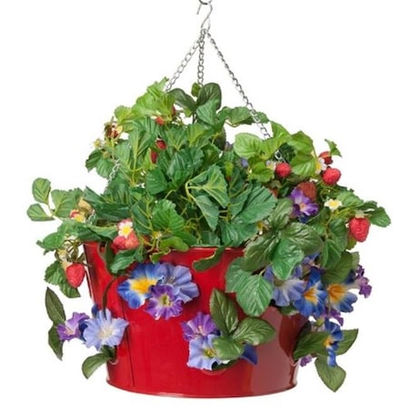 Houston International Trading Houston International Trading 8495E XR Enameled Galvanized Hanging Strawberry & Flower Planter; Red 8495E XR